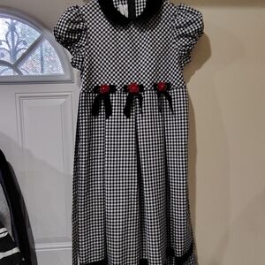 Bonnie Jean Black and White Checkered Dress with Red Floral Accents